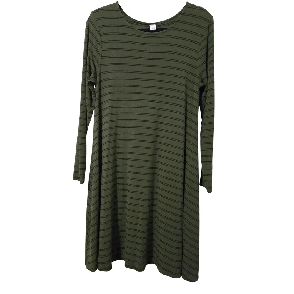 Old Navy Women's Skater Olive Green Black Striped Long Sleeve Swing Dress Medium